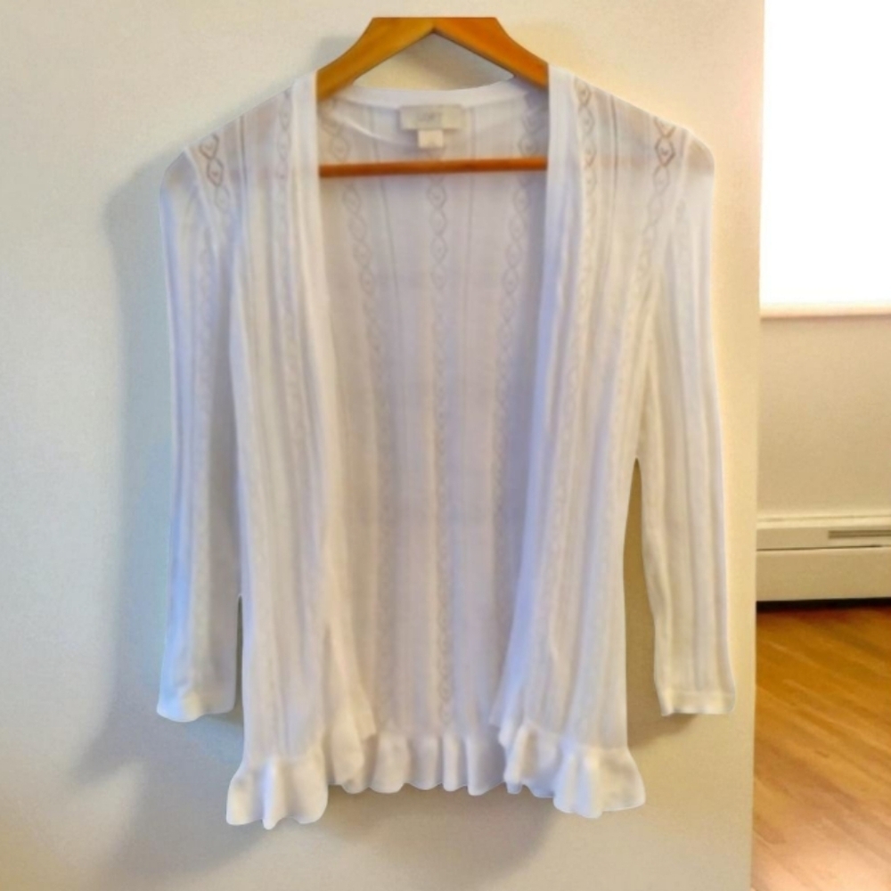 LOFT  Ivory Crochet Knit Open Front Lightweight Cardigan - Picture 2 of 7